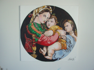 Reproduction tableau de Raphaël 1513 "Vierge à la chaise" 50cm x 50cm acrylique sur toile (privé)